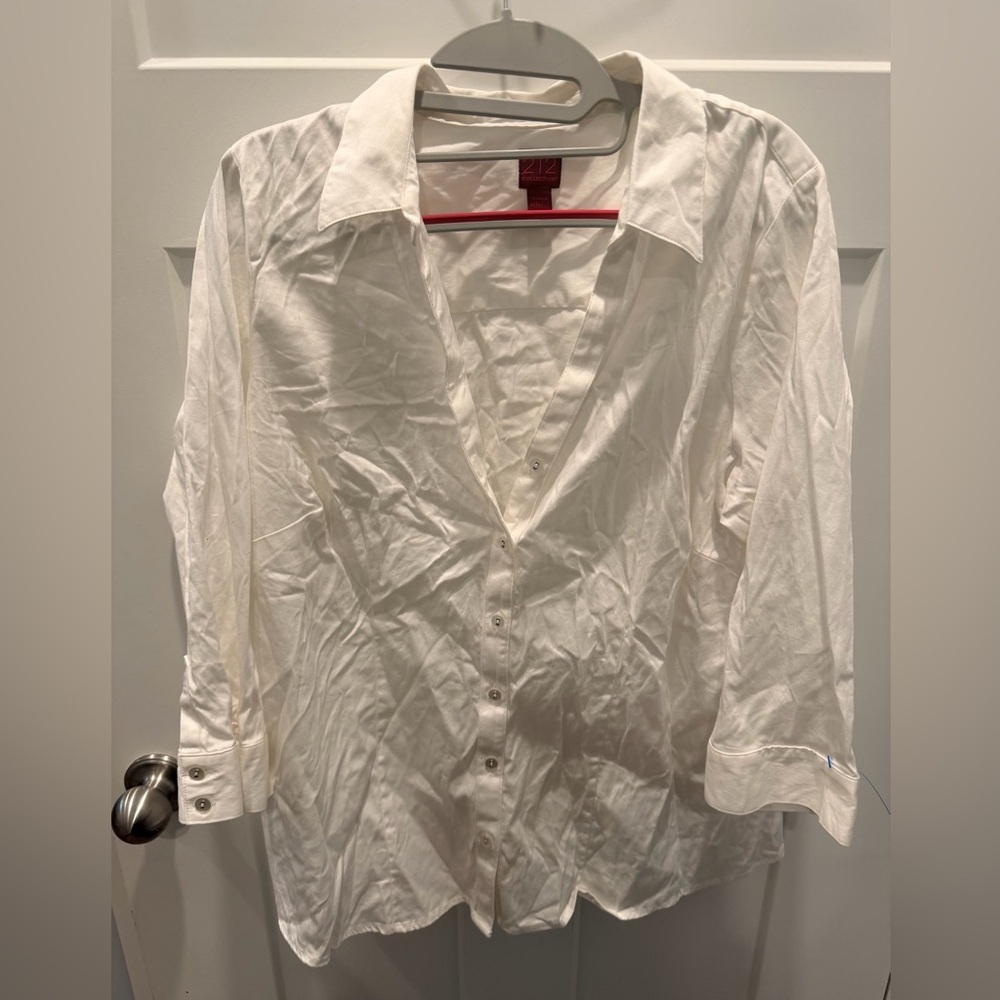212 Collection 1X White Stretch Button Down Blouse Plus Size